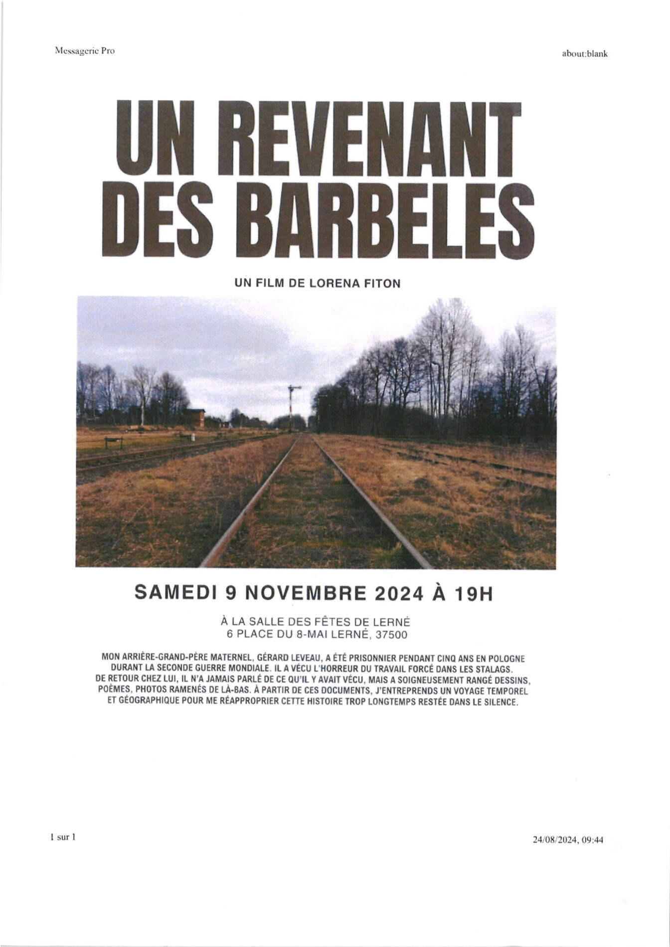 You are currently viewing Salle des Fêtes de LERNÉ – Projection du film UN REVENANT DES BARBELÉS